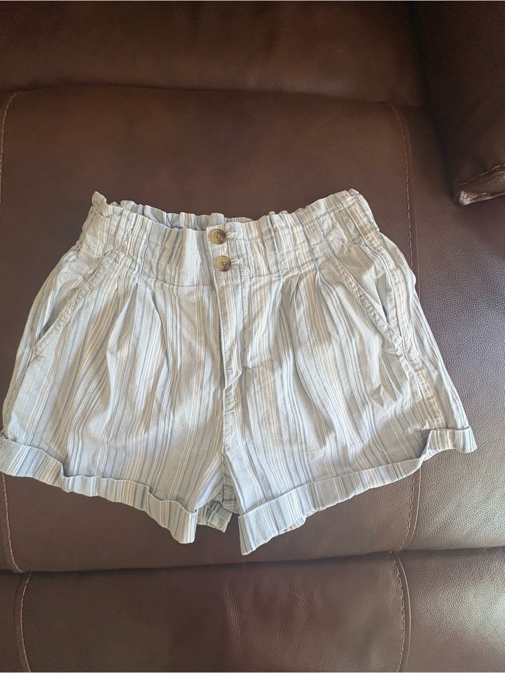 American Eagle Outfitters Light Blue Striped High Waist Paperbag Shorts
